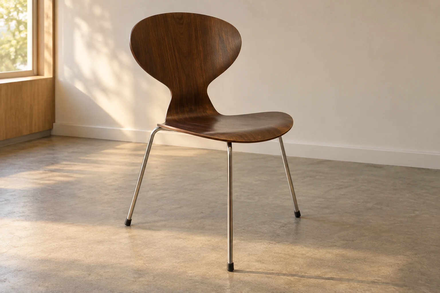 An interpretive Ant Chair with a dark waisted plywood shell and three slender metal legs in a quiet room.