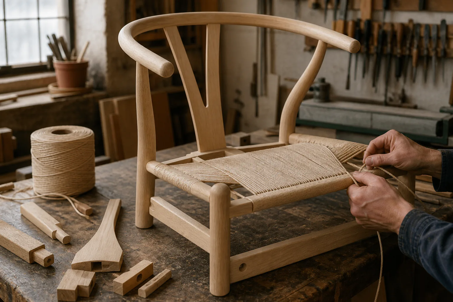 Hands weave paper cord onto an incomplete pale-wood Y-back chair beside curved rails and joint samples.