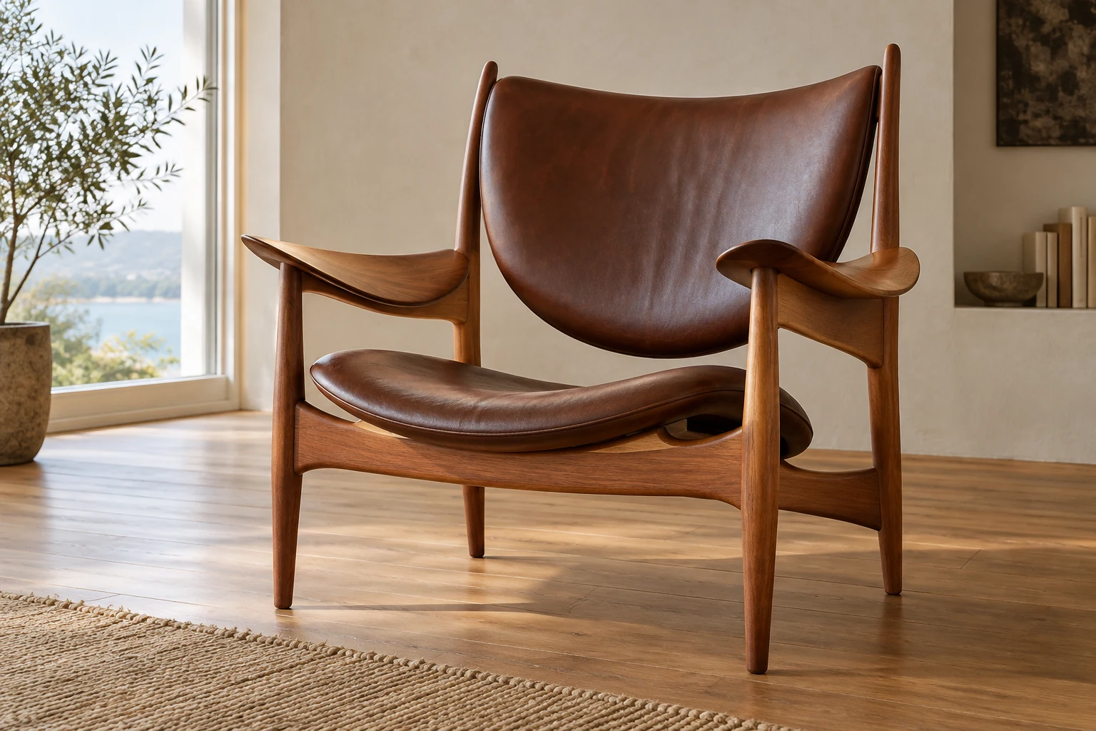 An interpretive Chieftain Chair with a broad leather seat and back carried inside an open wooden frame.