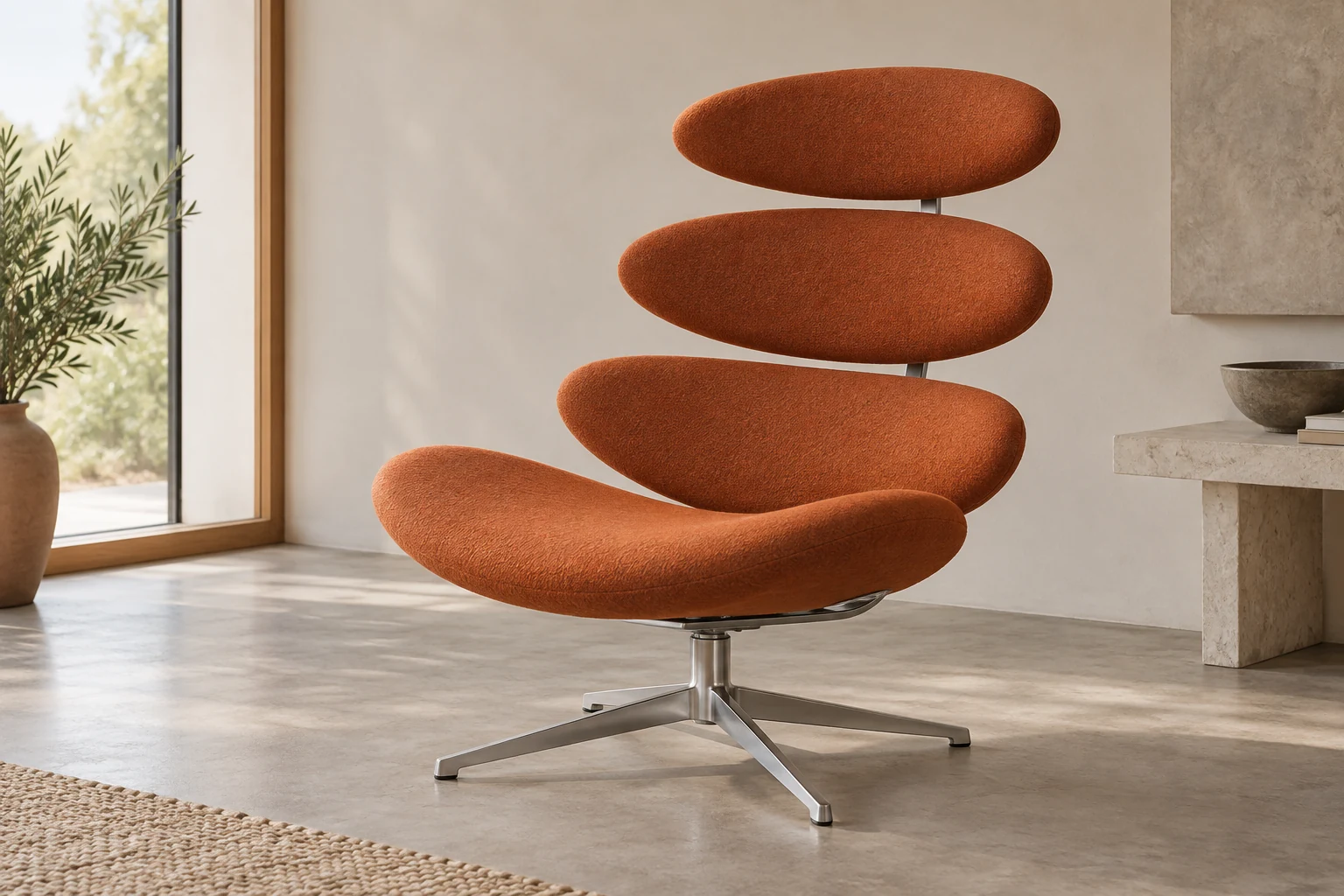 An interpretive Corona Chair with four orange upholstered surfaces separated by open gaps above a steel base.