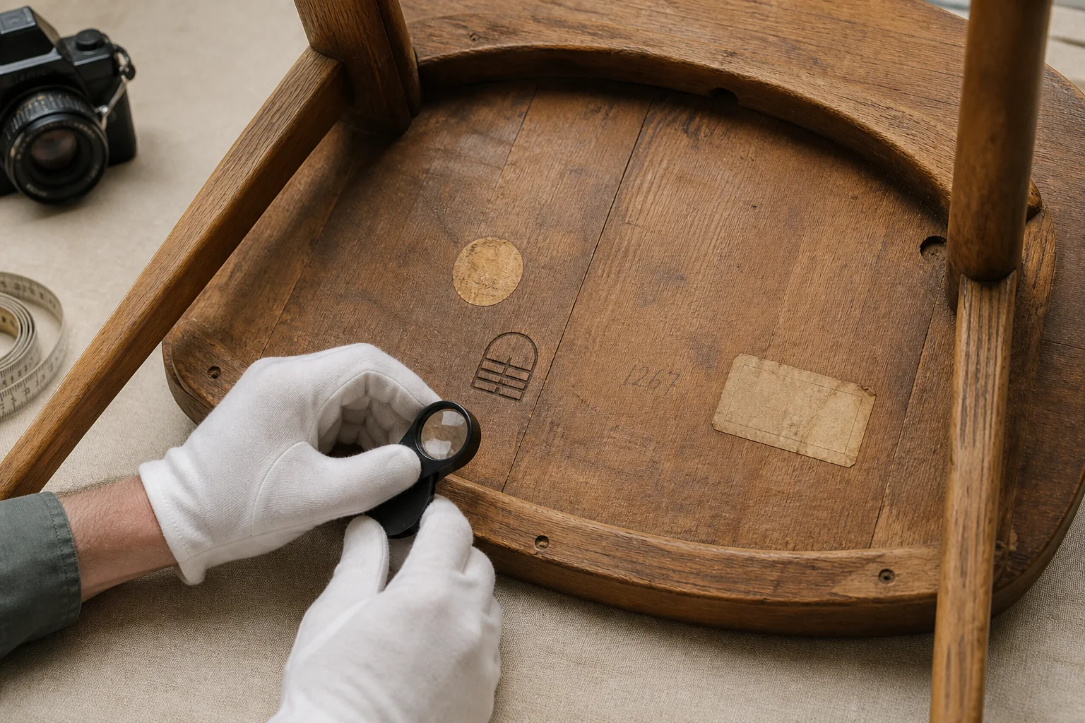 Gloved hands examine several kinds of marks beneath an anonymous wooden chair.