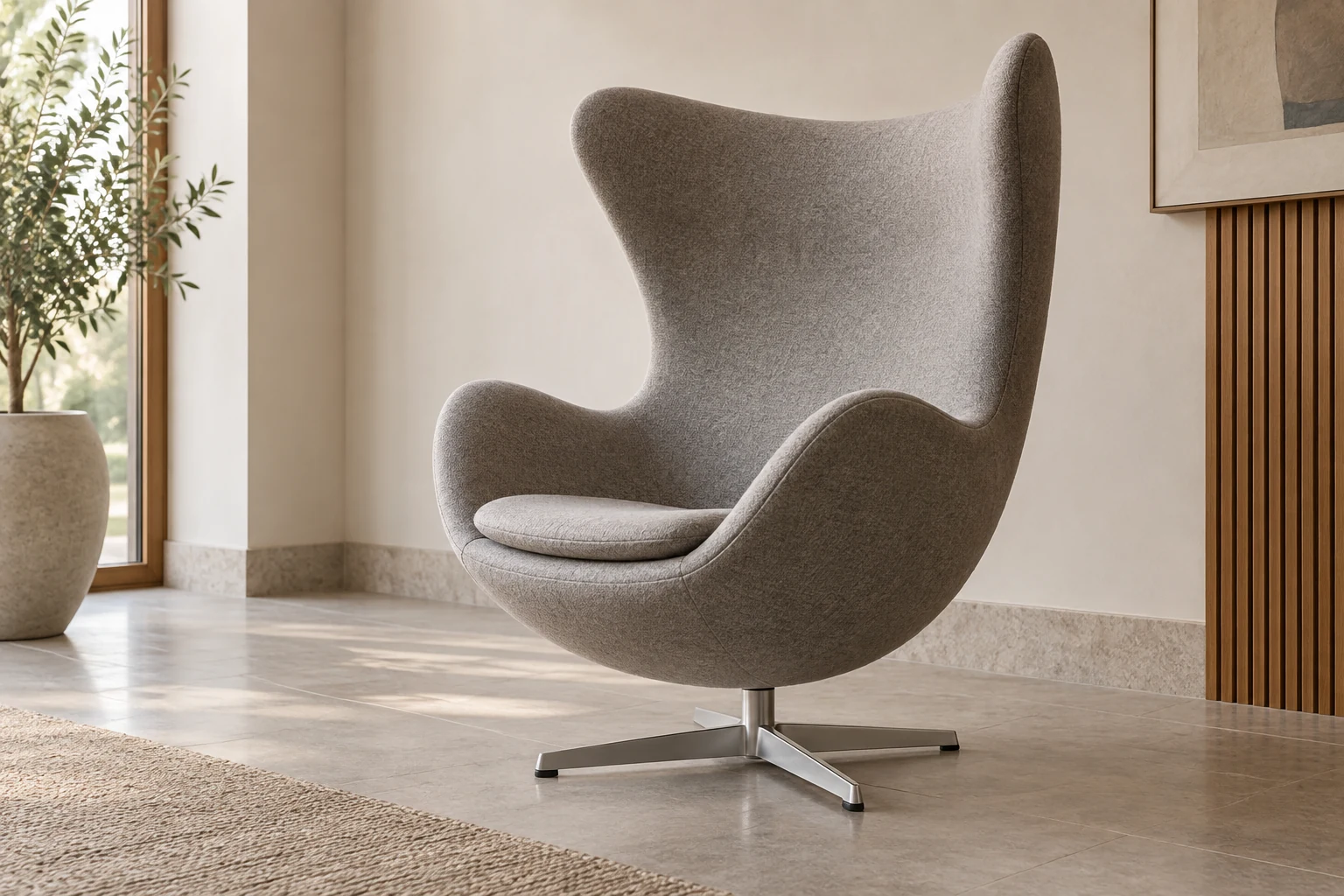 An interpretive Egg Chair with a high grey upholstered enclosure above an aluminium swivel base.