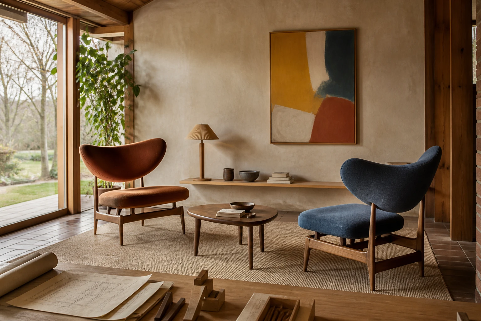 A warm modern room composes two anonymous sculptural chair studies, abstract art, timber architecture and a garden view.