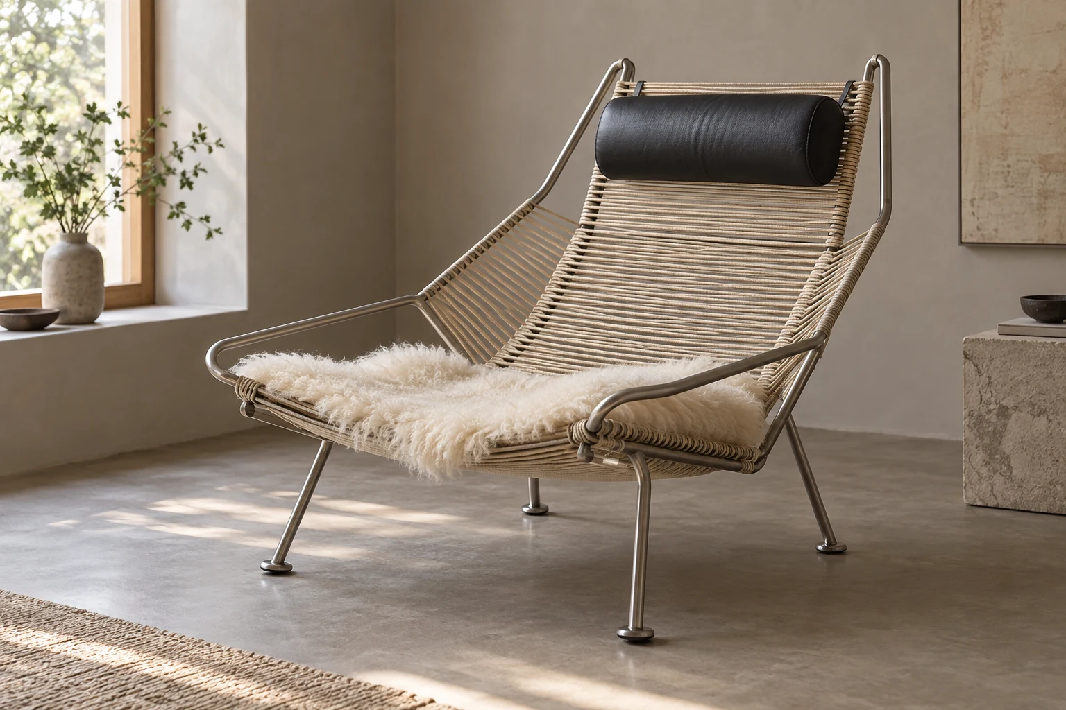 An interpretive reclining Flag Halyard Chair with pale cord across a steel frame, a dark headrest and a light fleece.
