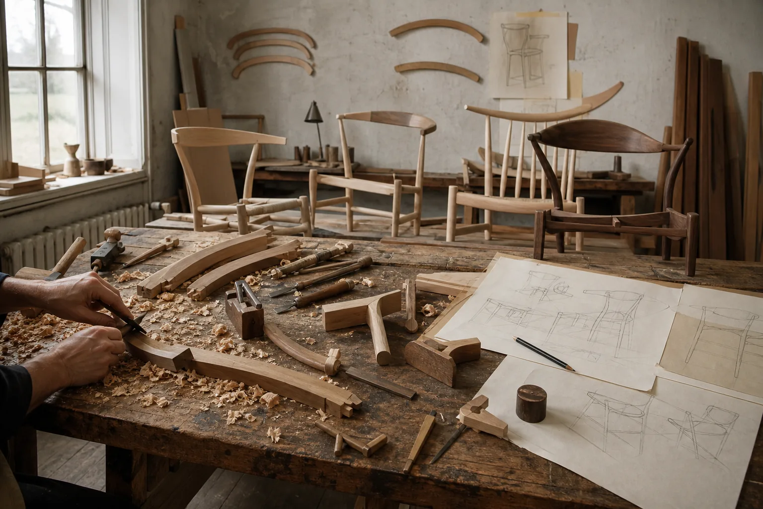 A cabinetmaker works among full-scale chair parts, drawings, hand tools and several anonymous unfinished prototypes.