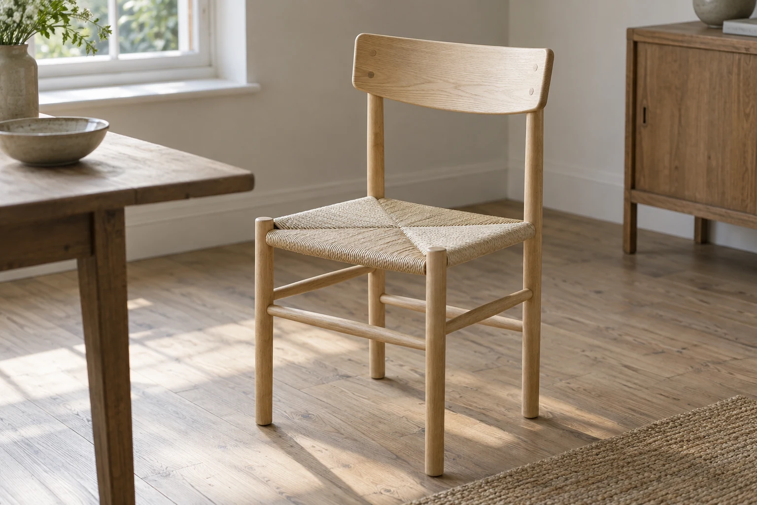 An interpretive J39 chair with a curved wooden back, round legs and a four-field woven seat.