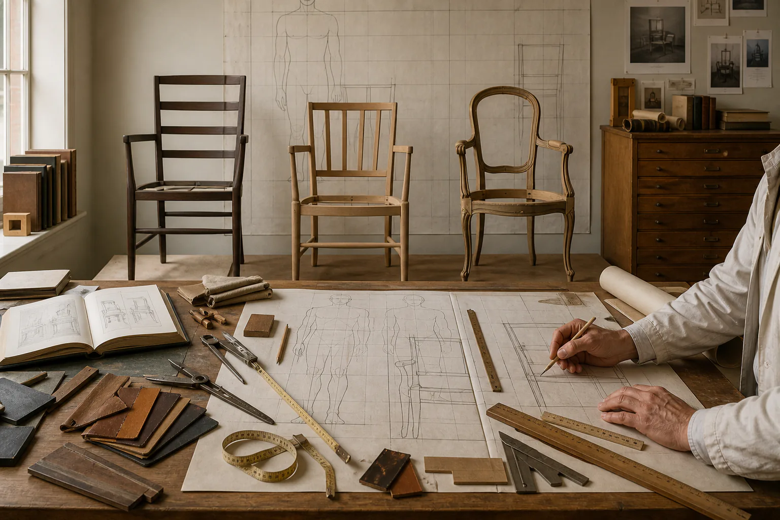 An anonymous furniture study compares three chair frames with body proportions, measuring tools and material samples.