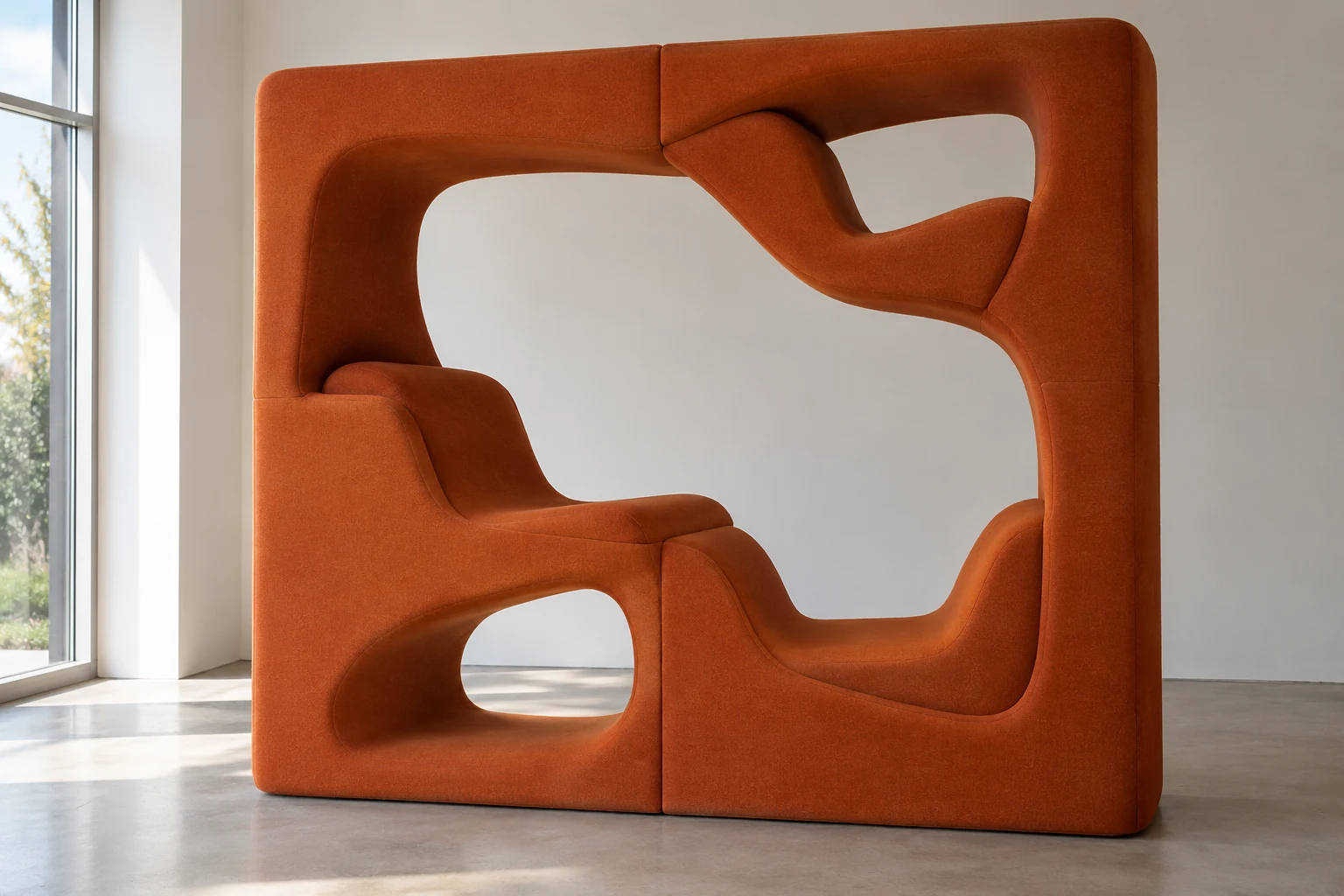 An interpretive orange Living Tower with a central join, curved openings and padded ledges at several heights.