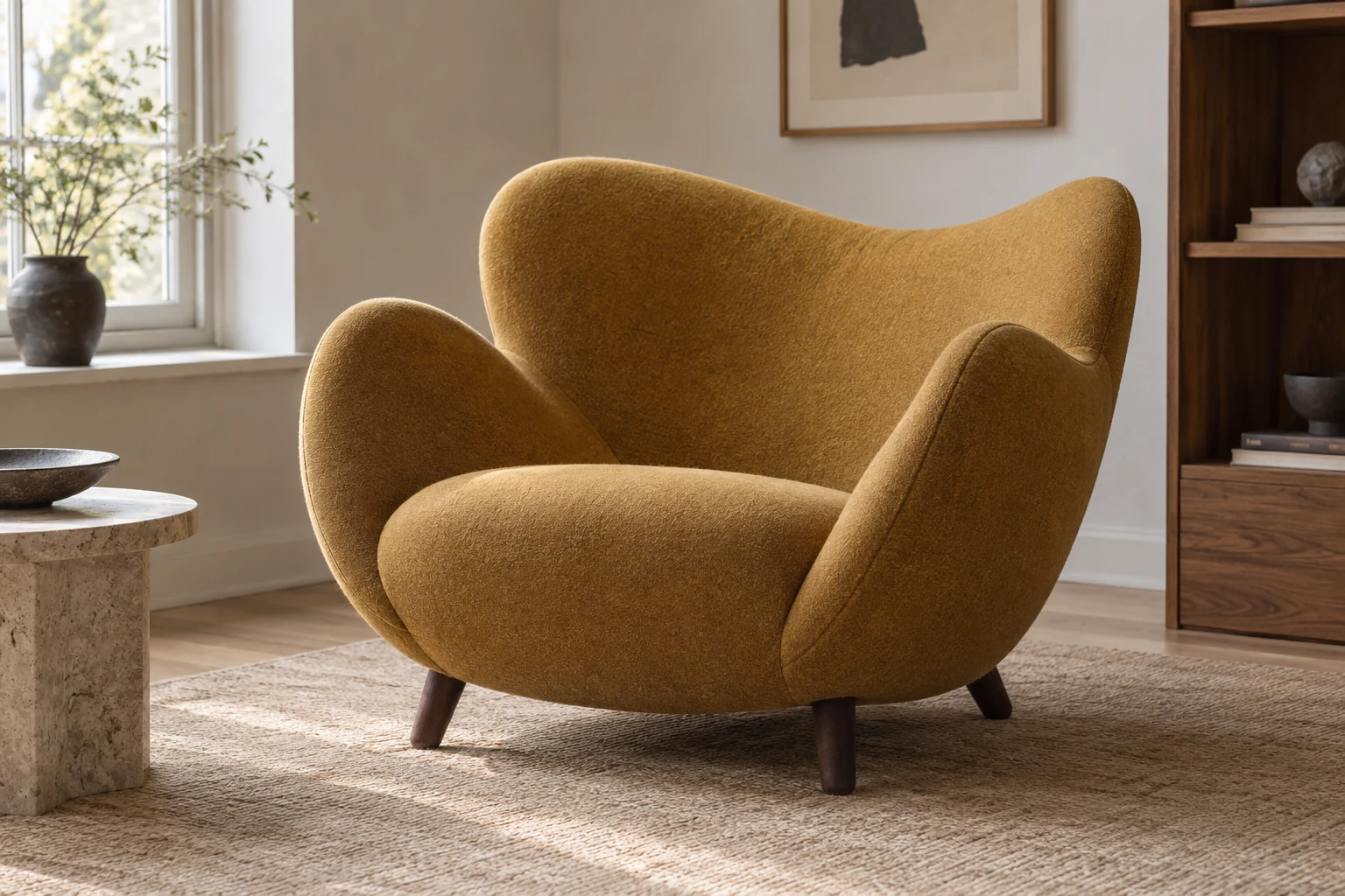 An interpretive ochre Pelican Chair with inward-turning upholstered sides and short wooden legs.