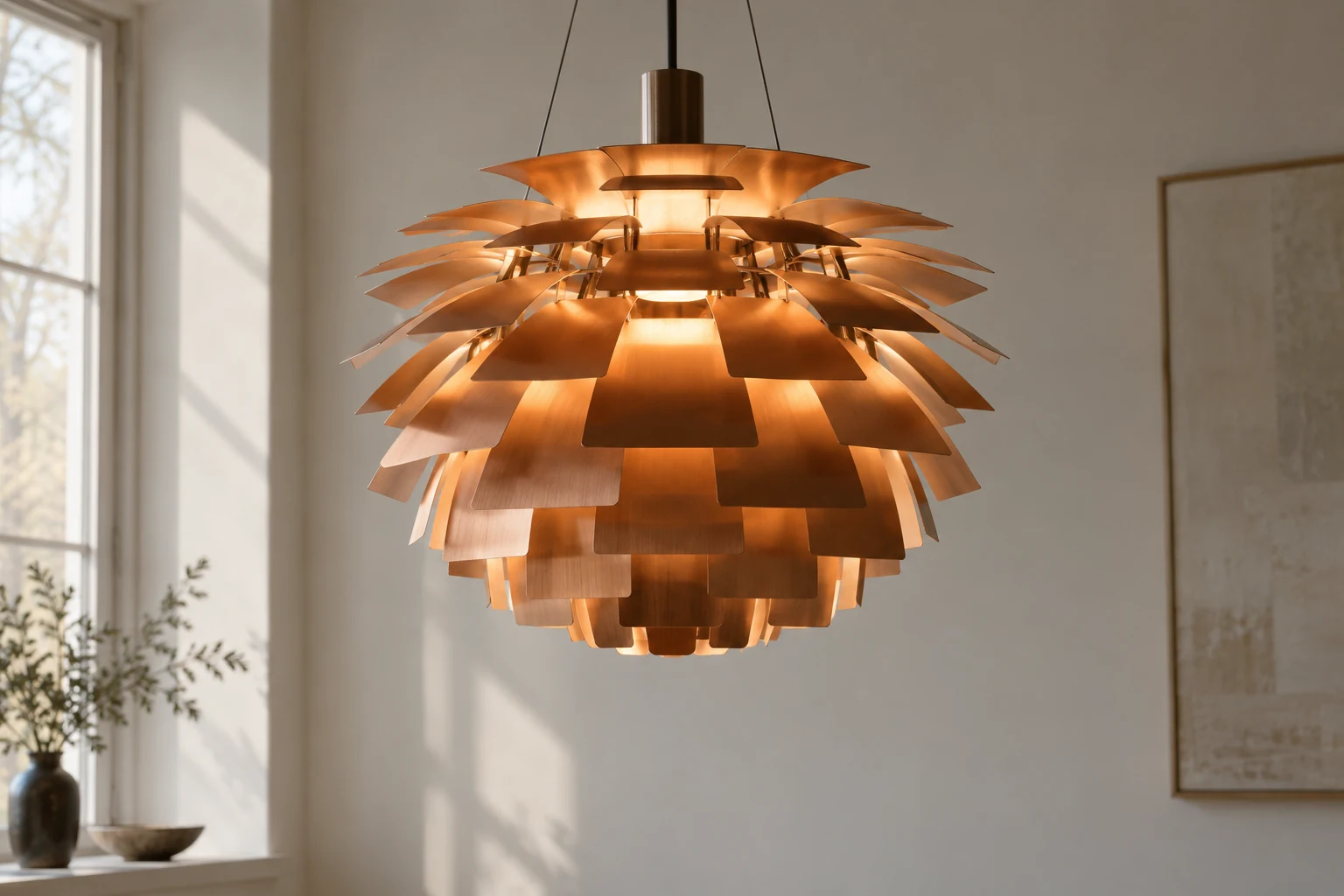 An interpretive copper PH Artichoke pendant with overlapping leaf-like tiers and reflected warm light.