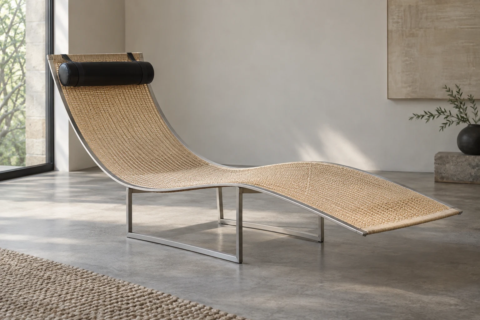 An interpretive PK24 chaise with a pale woven reclining surface, a dark cylindrical headrest and a separate steel base.