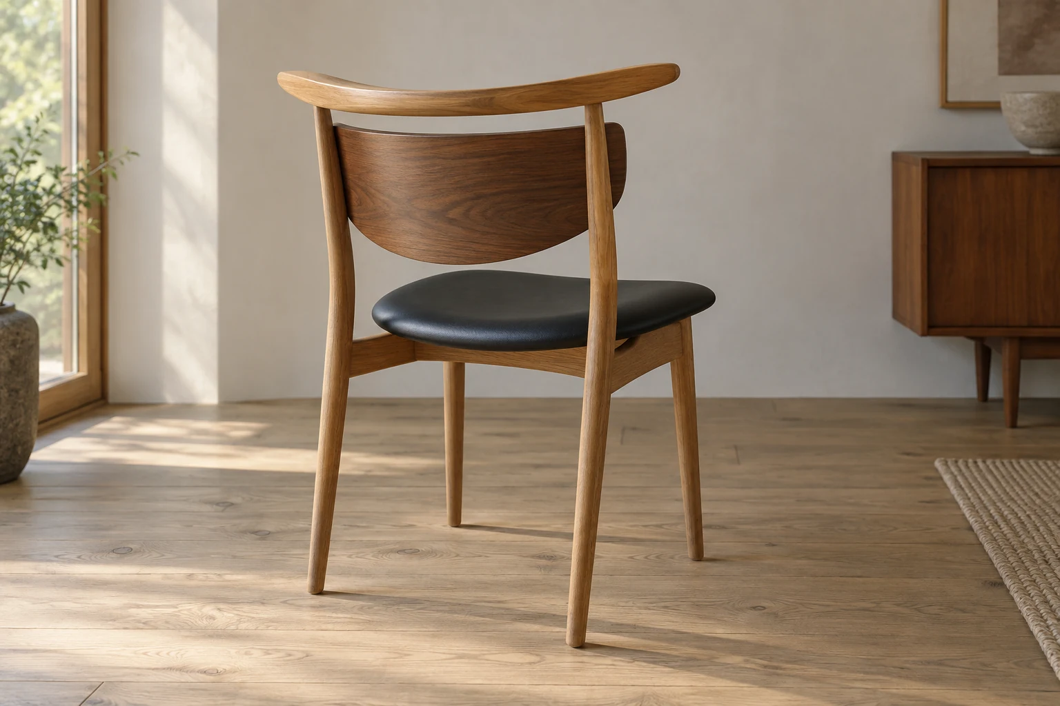 An interpretive Reading Chair with a rounded seat, curved low back board and a separate projecting top rail.