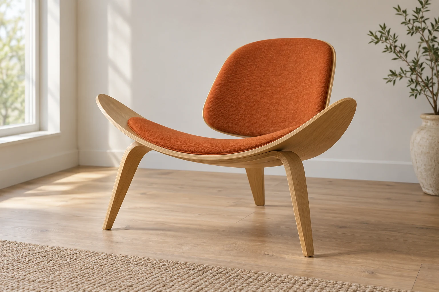An interpretive CH07 Shell Chair with orange cushions, two separate curved plywood planes and three wooden legs.