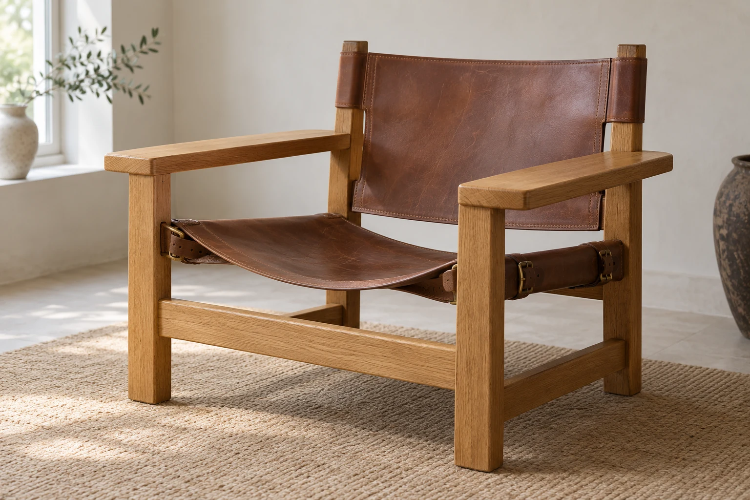 An interpretive Spanish Chair with broad wooden side frames, saddle-leather seat and back, and visible straps.