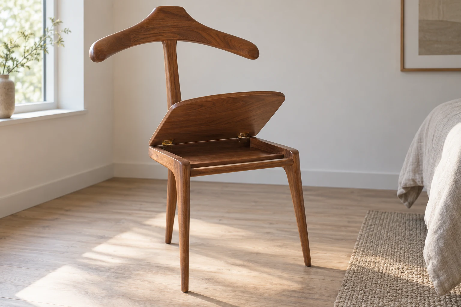 An interpretive three-legged Valet Chair with a hanger-shaped back and partly raised wooden seat over a shallow tray.