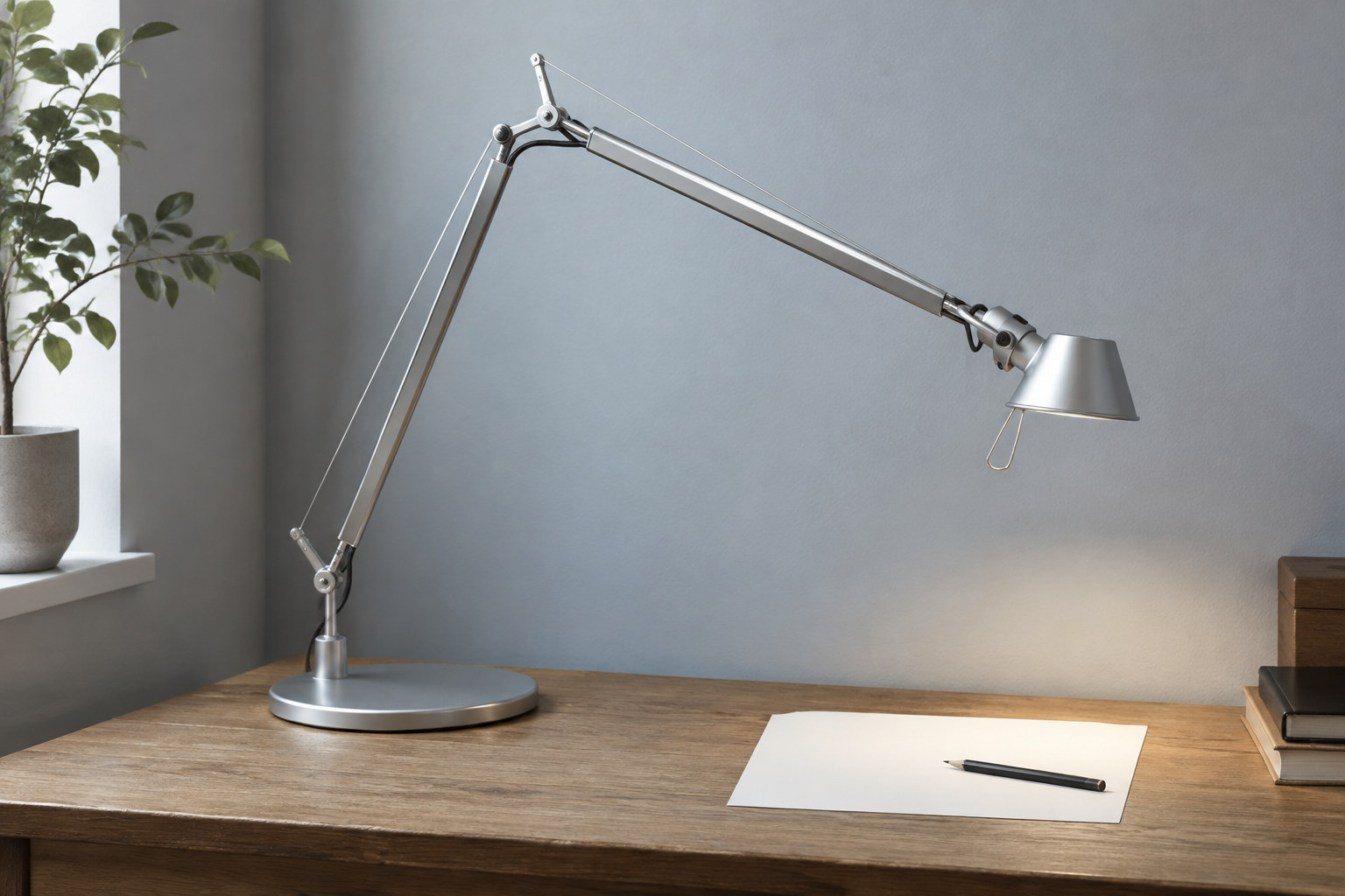 Reconstruction: A silver task lamp with long aluminium arms, thin tension cables, a small conical shade and a circular desk base.