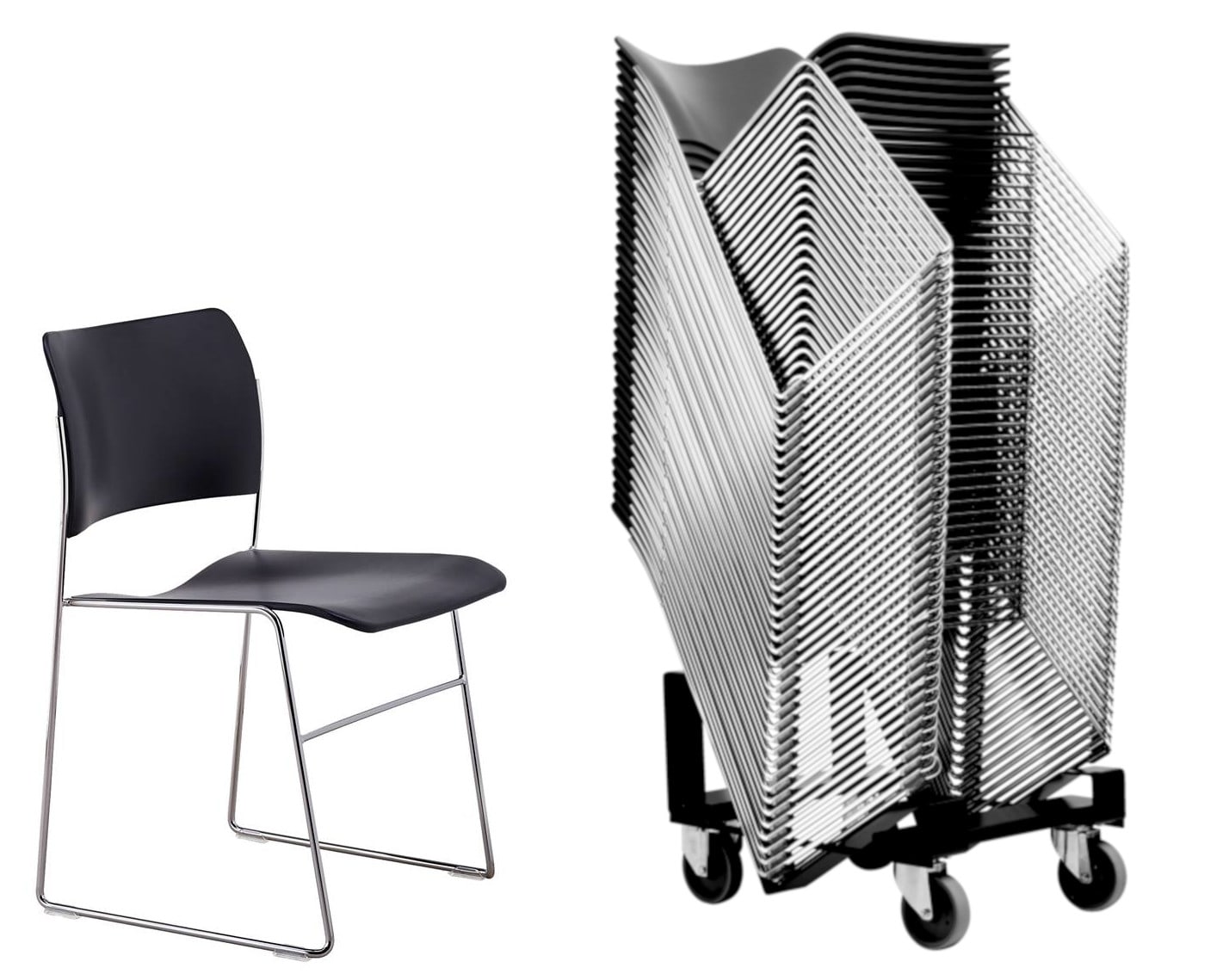 A 40/4 chair beside a tall stack on a wheeled trolley, showing the thin seats and closely nested metal frames.