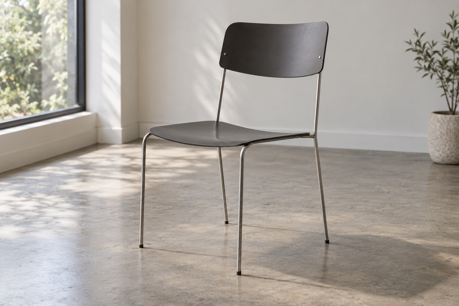 Editorial reconstruction: A slim stacking chair with a dark curved seat and back on a fine steel frame in a quiet interior.