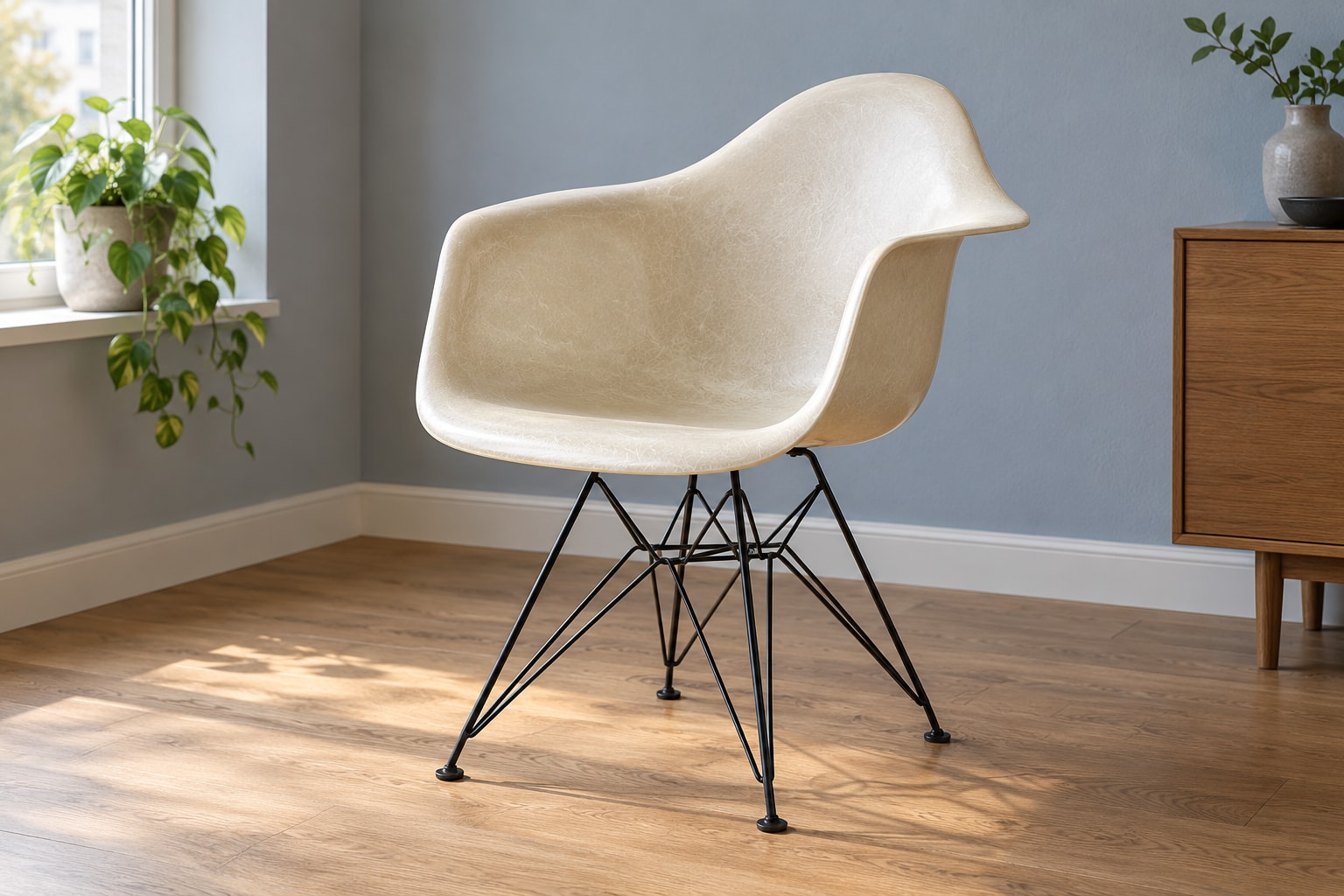 Editorial reconstruction: One cream-coloured arm shell chair with a curved one-piece seat and back on a cross-braced black wire base in a quiet room.