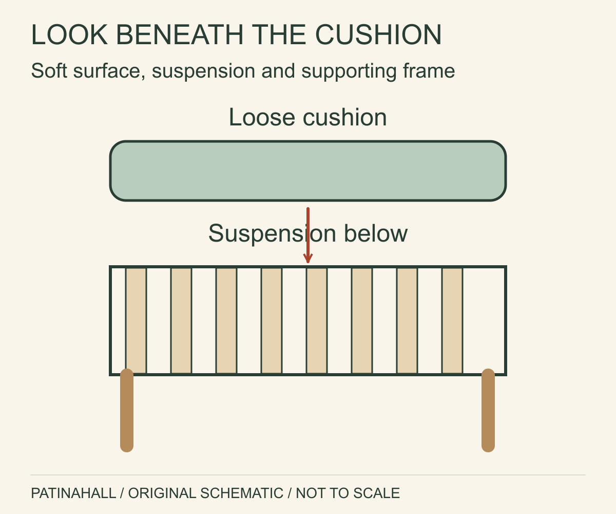 An exploded couch section shows a loose cushion above a symbolic banded suspension and a wooden support frame.