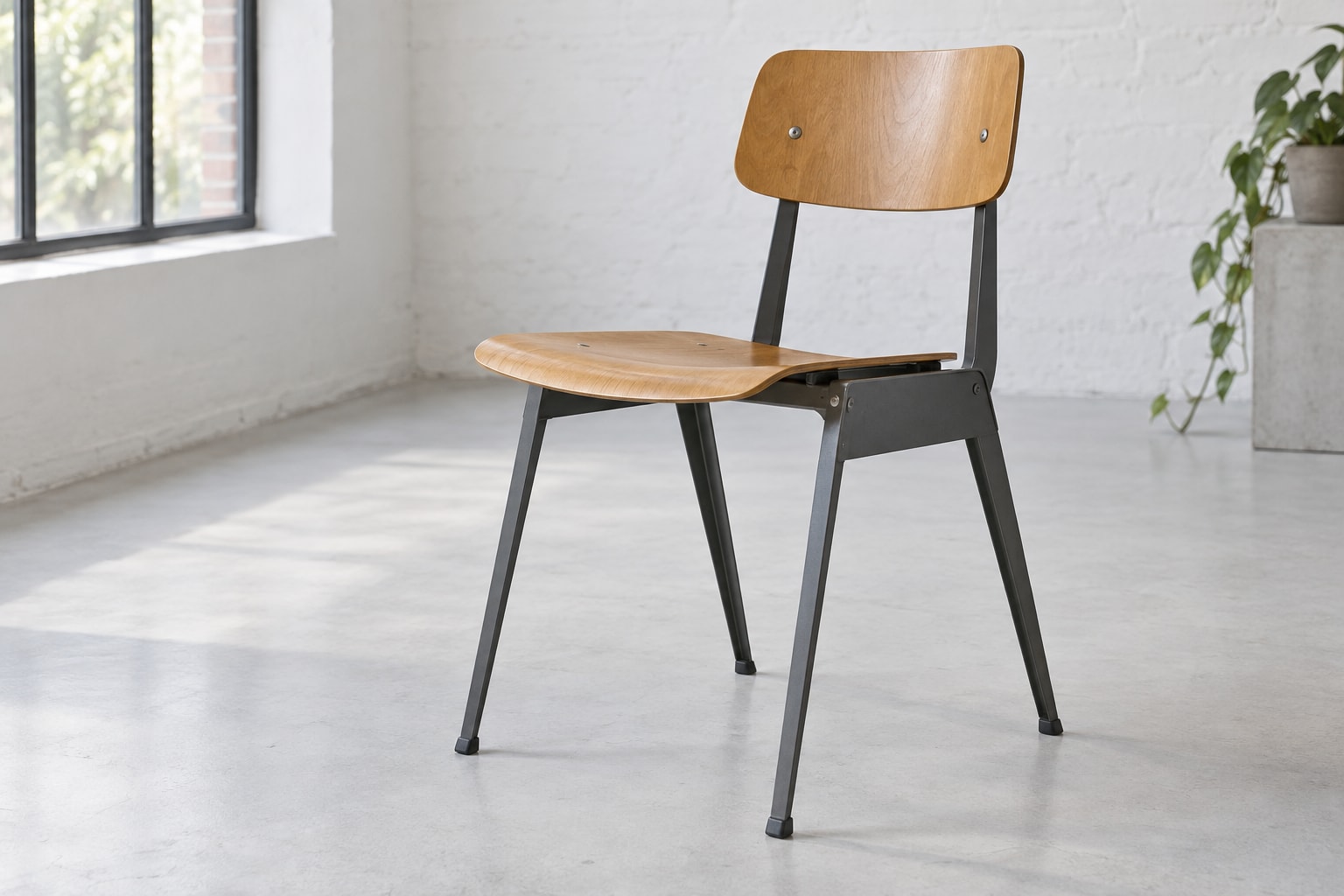 Editorial reconstruction: A restrained school-style chair with a pale seat and back held by a folded steel frame beside a desk.
