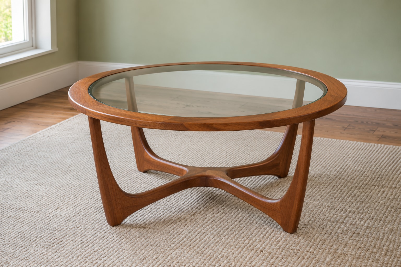Editorial reconstruction: A round timber coffee table with a glazed centre and four curved wooden supports in a restrained sitting room.