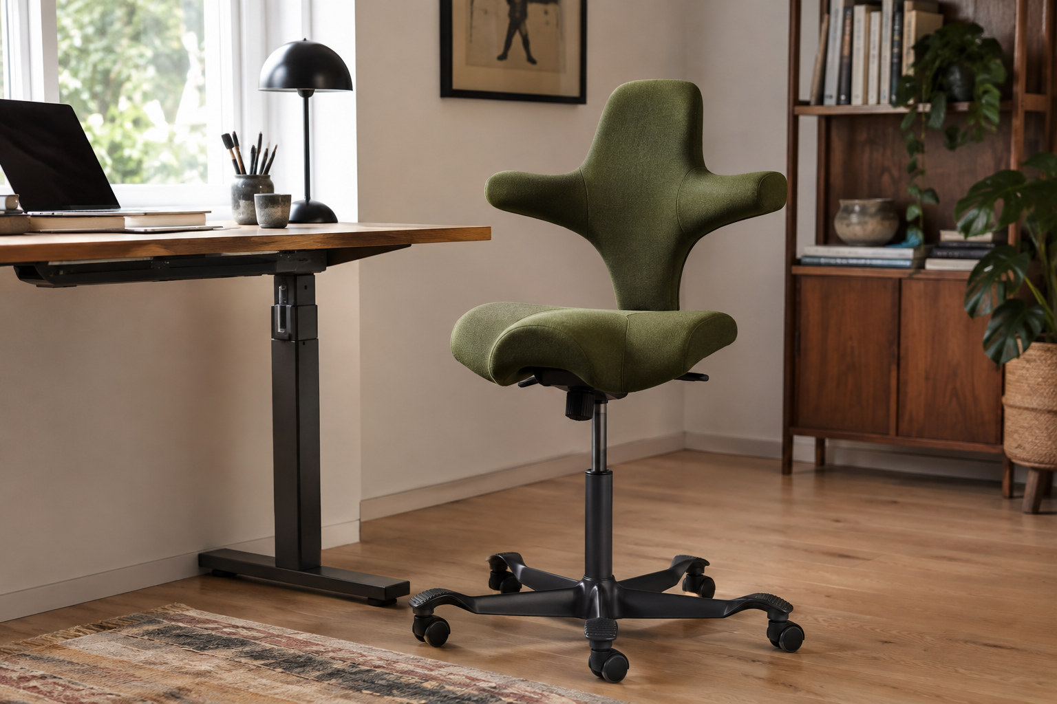 Reconstruction: A green upholstered work chair with a sculpted saddle seat, branching back and wheeled base beside a desk.
