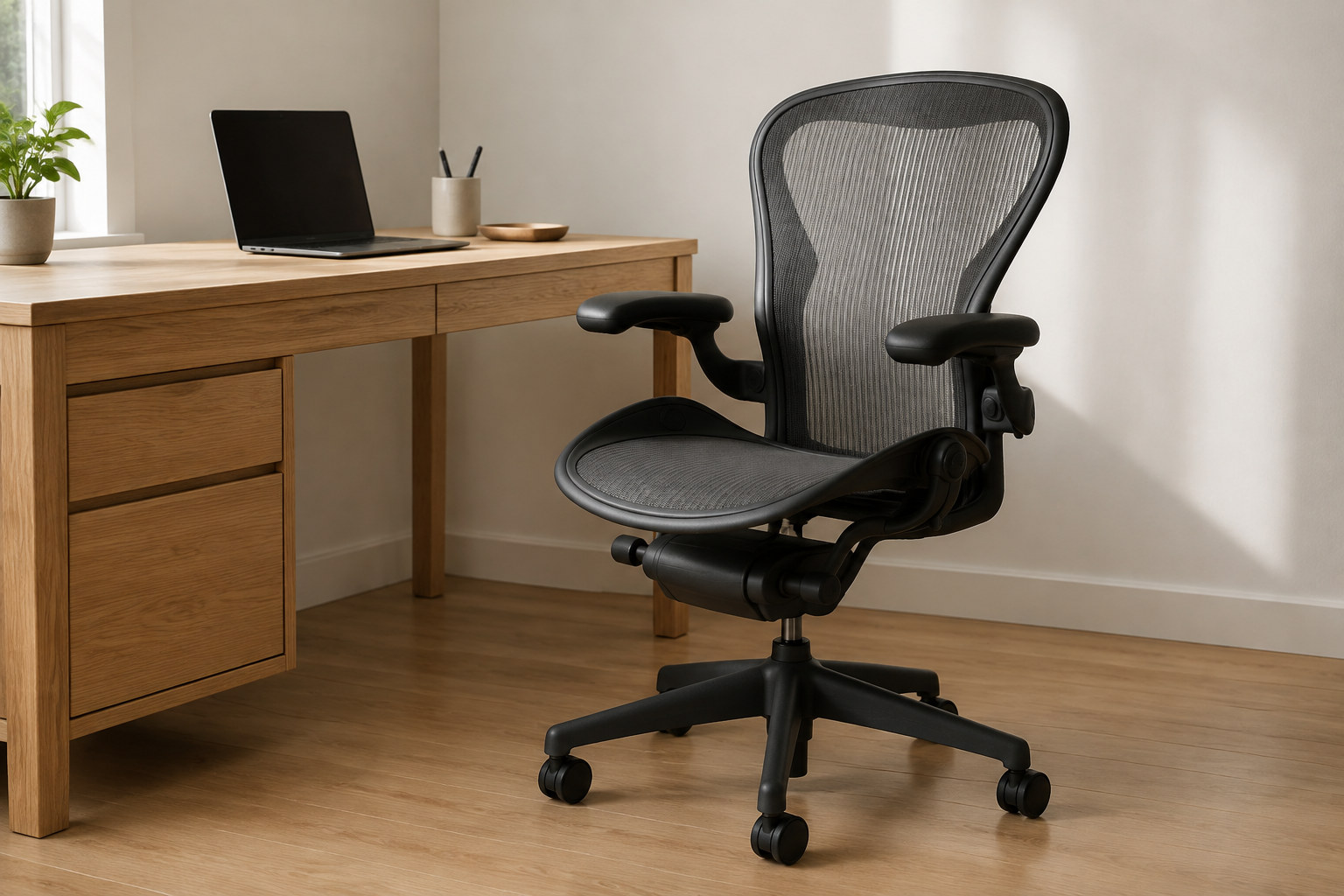 Reconstruction: A graphite office chair with light passing through its mesh back and seat, exposed supports and a wheeled star base.