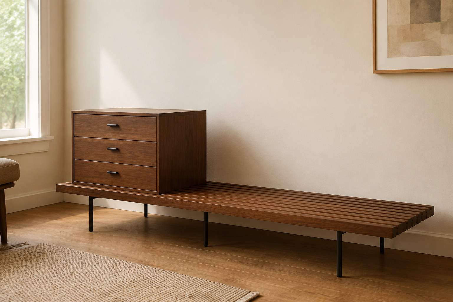 Reconstruction: A compact wooden drawer cabinet at one end of a long slatted bench, leaving an open length beside it.