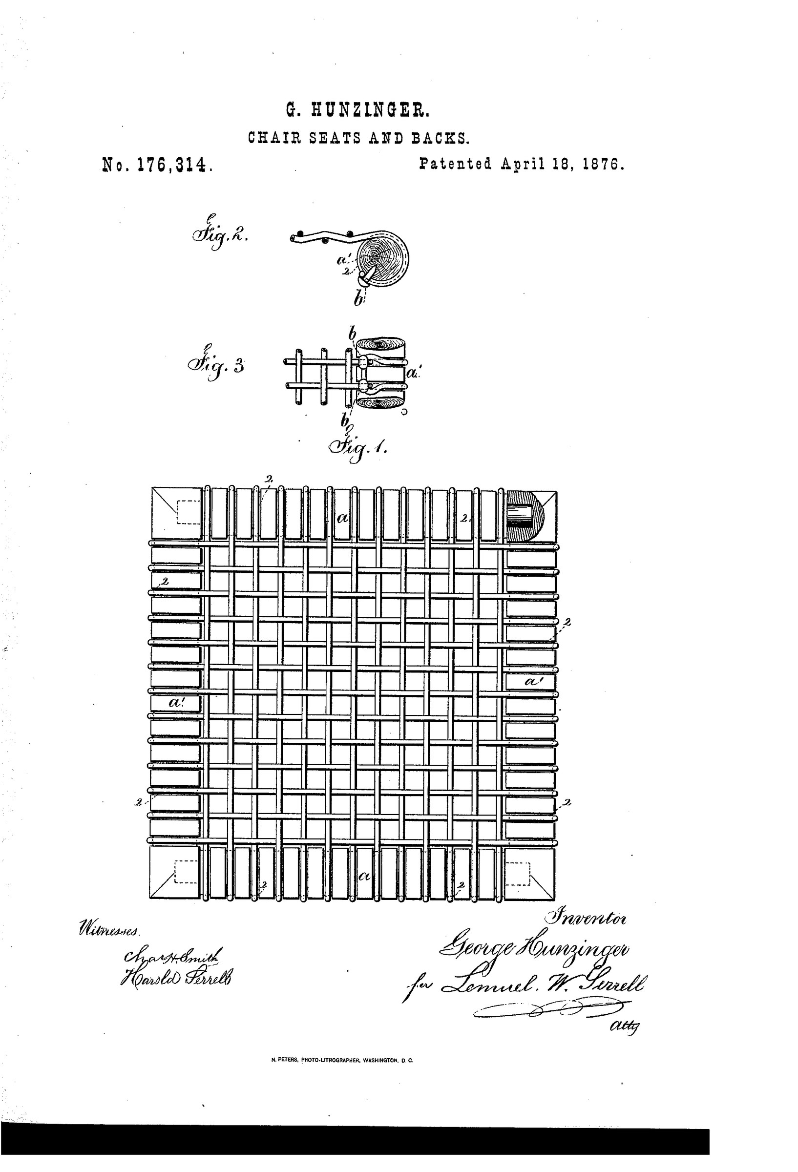Drawing sheet for US Patent 176,314 showing a square woven seat, a frame-edge detail and a cross-section through a covered metal strip.
