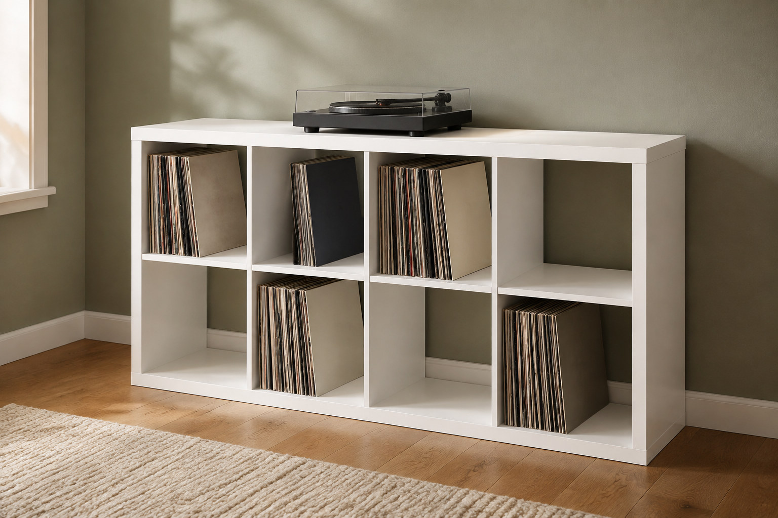 Reconstruction: A low white shelving unit with eight square compartments, vinyl records, empty cubes and a turntable on top.