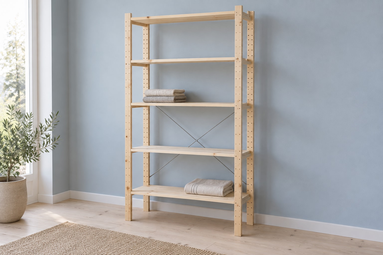 Editorial reconstruction: Open pine shelving with upright ladder-like sides and adjustable horizontal shelves in a simple living room.