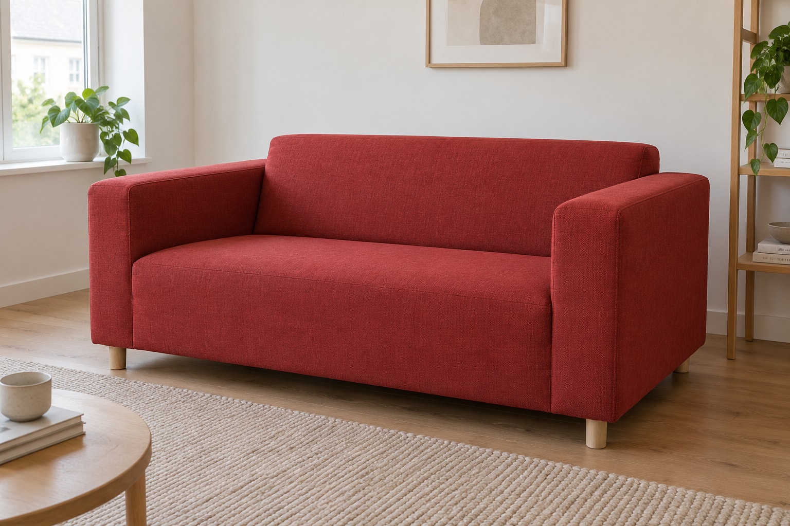 Editorial reconstruction: A compact box-shaped two-seat sofa with straight arms and a deep red fabric cover in a quiet living room.