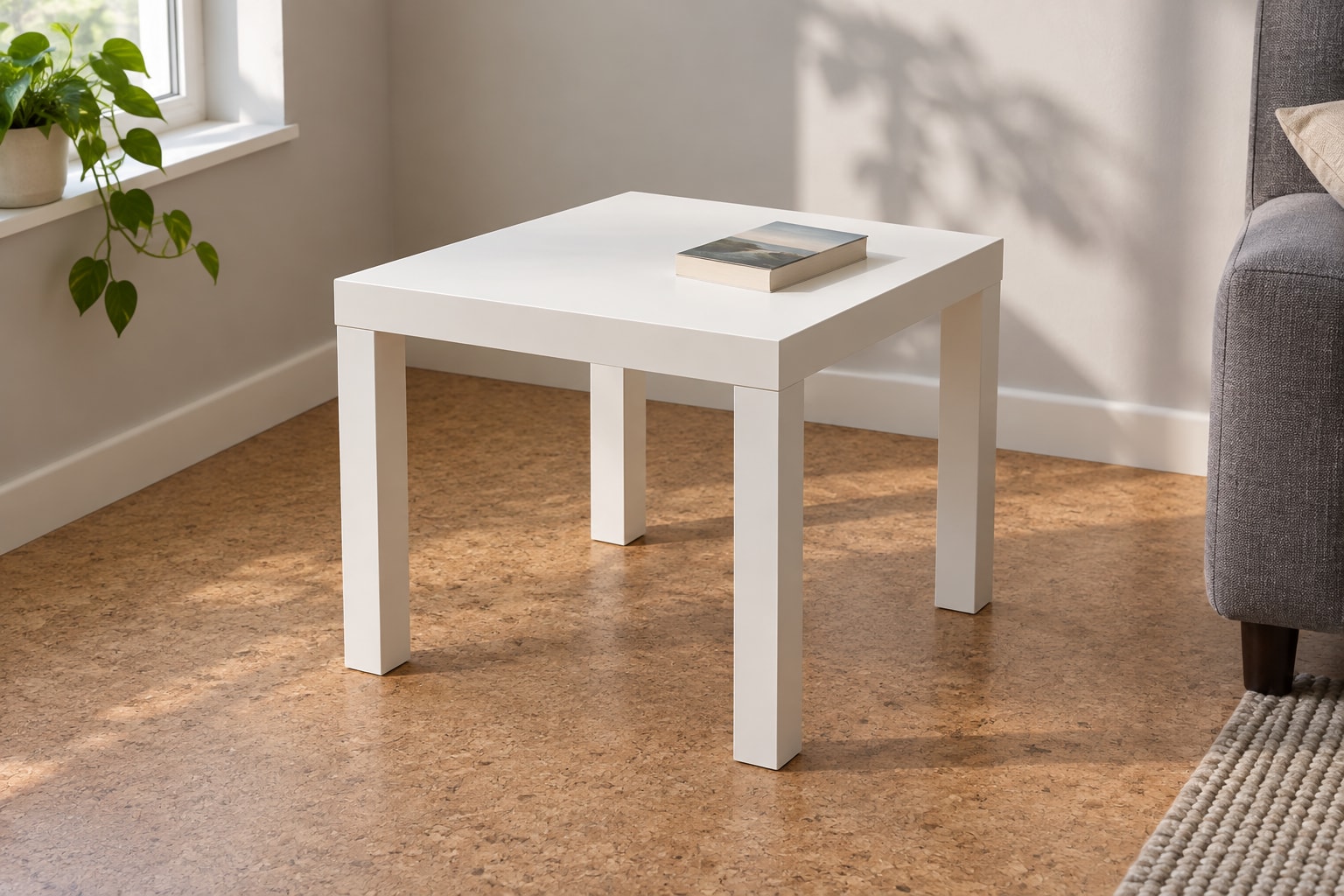 Editorial reconstruction: A small square side table with a flat white top and four straight square legs beside a sofa.