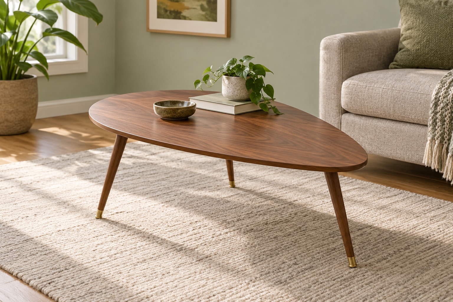 Editorial reconstruction: A small leaf-shaped wooden side table on three tapered legs beside a pale sofa in a restrained room.