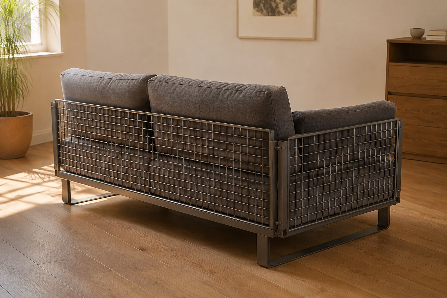 Reconstruction: A rear three-quarter view of a grey sofa with separate cushions inside an exposed steel wire-grid frame.