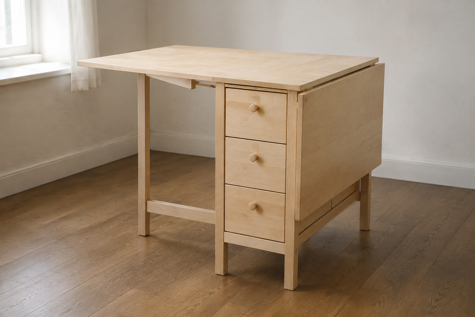 Reconstruction: A pale birch drop-leaf table with a narrow drawer core, one leaf raised on its wooden support and the other folded.
