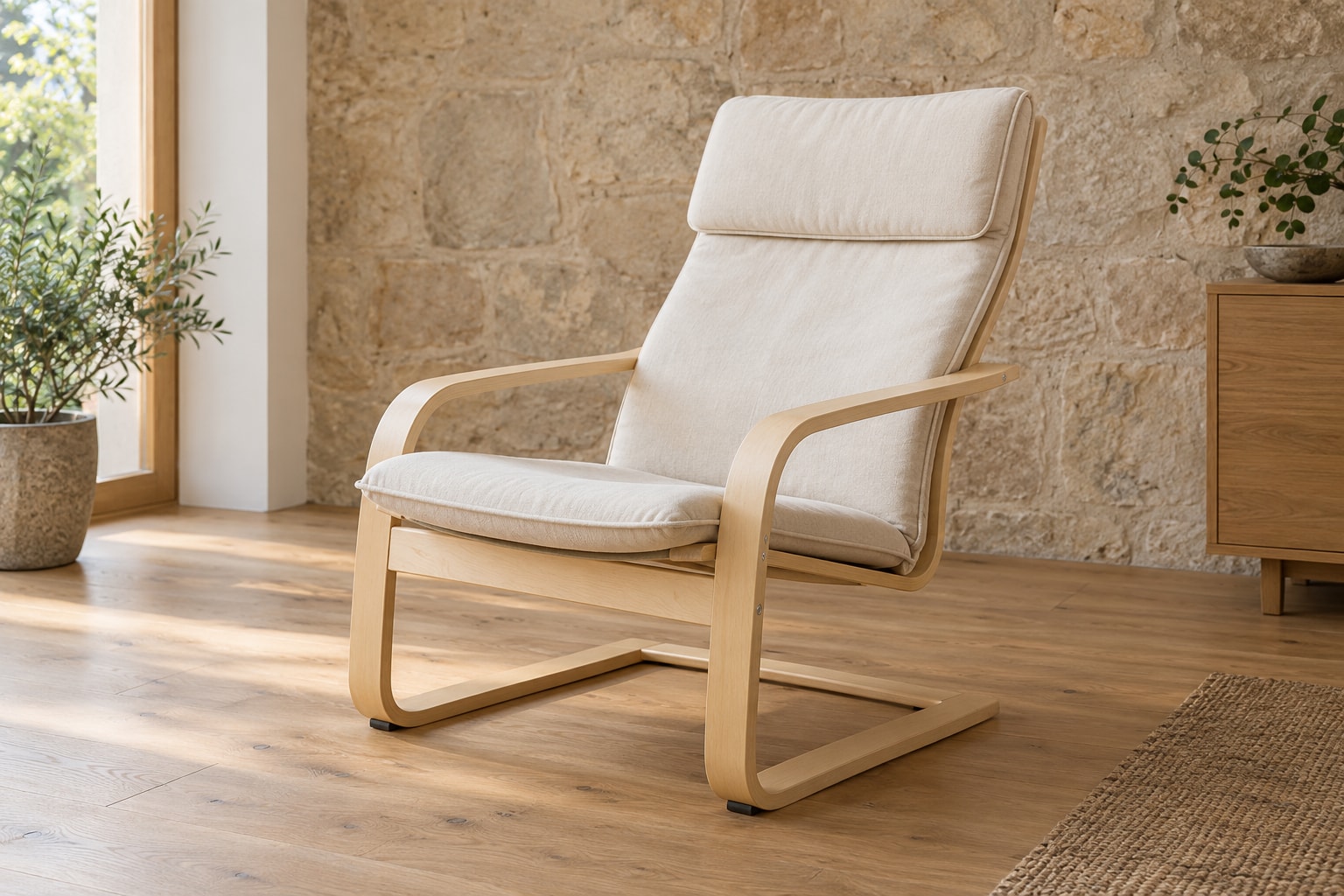 Editorial reconstruction: A bentwood lounge chair with a curved timber frame and a padded seat and high back in a quiet interior.