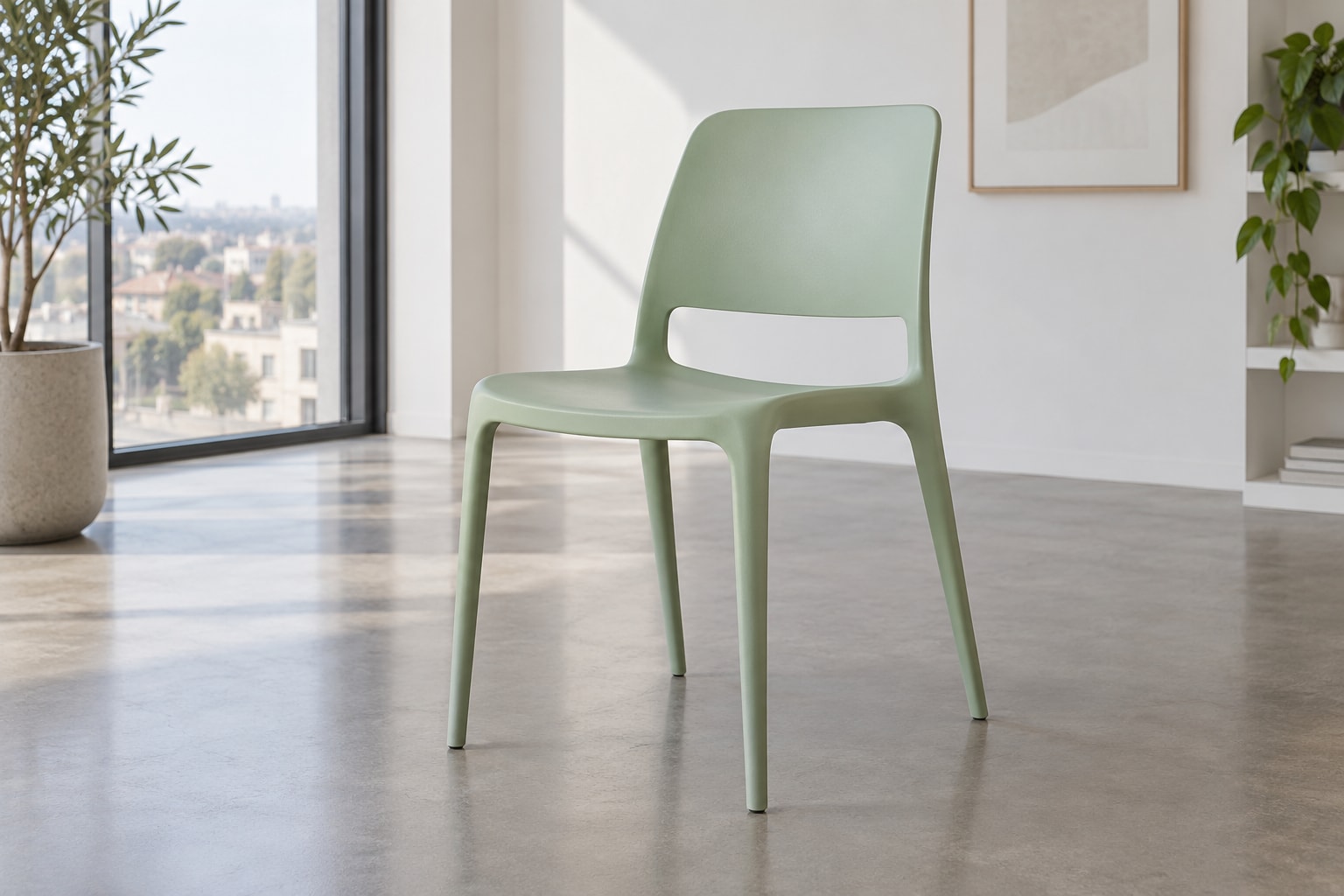 Editorial reconstruction: A lightweight pale moulded chair with an open gap between its seat and back in a restrained room.