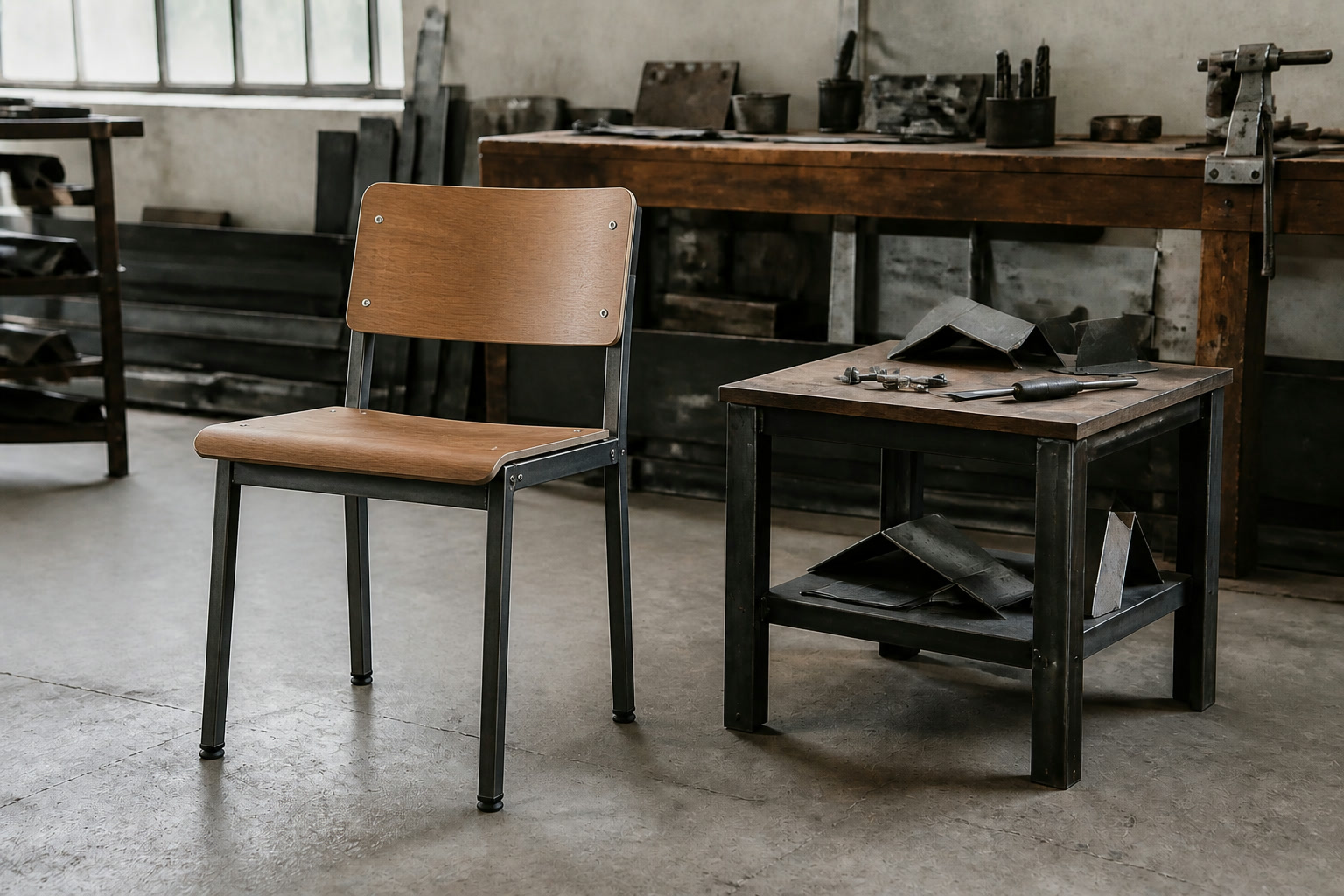 A generic steel-and-plywood chair beside a small worktable with folded sheet-metal samples in a quiet naturally lit workshop.