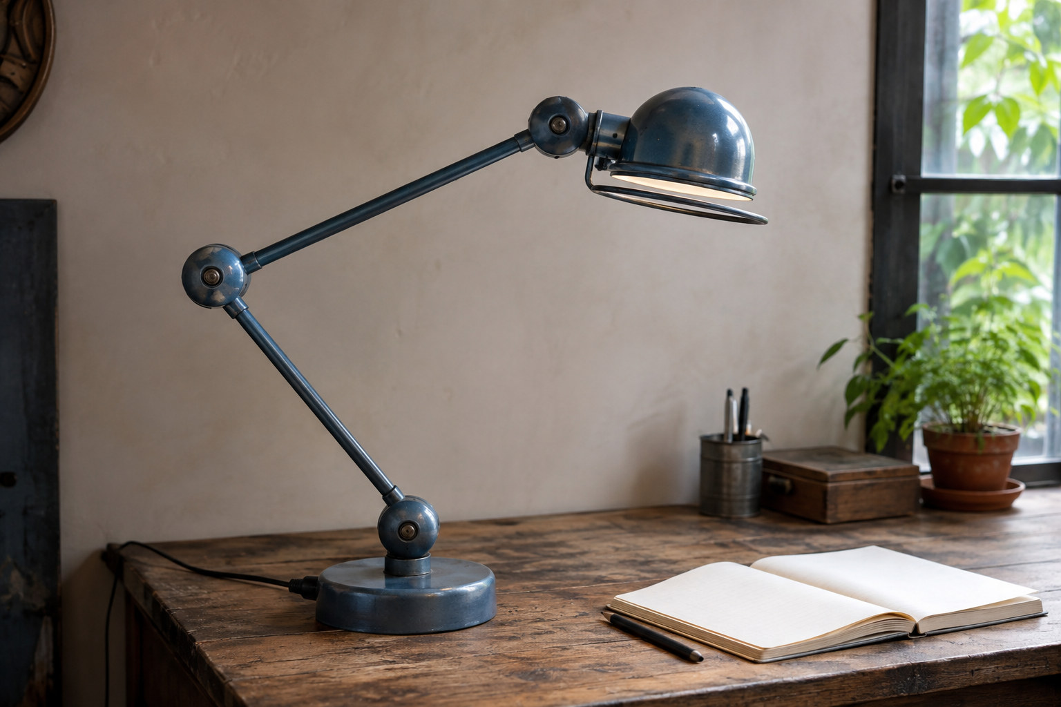 Reconstruction: A blue-grey articulated metal lamp with circular elbow joints and a ring around its shade above a wooden workbench.