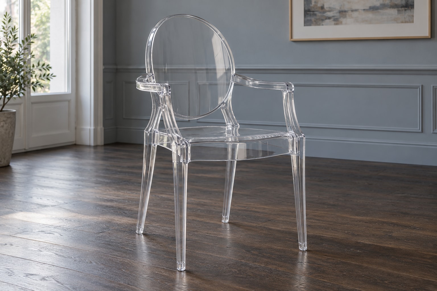 Editorial reconstruction: An interpretive transparent armchair with a rounded back, broad arms and slender legs in a quiet room.
