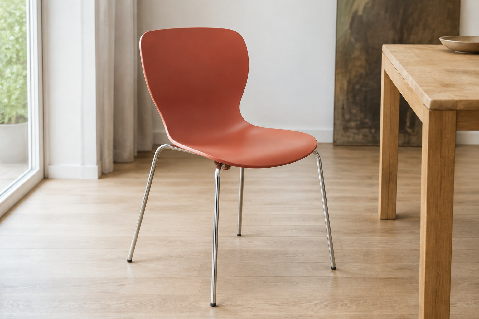 Reconstruction: A terracotta moulded chair shell flowing from a broad back through a narrow waist into its seat above thin chrome legs.