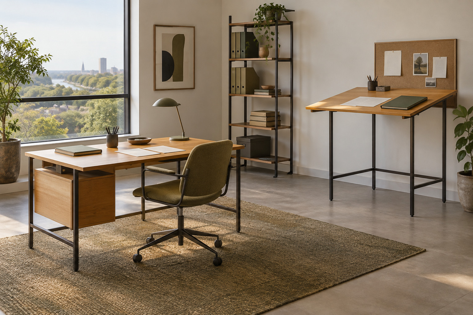 A seated desk, a taller sloping work surface and open storage occupy an unenclosed room with a large window.
