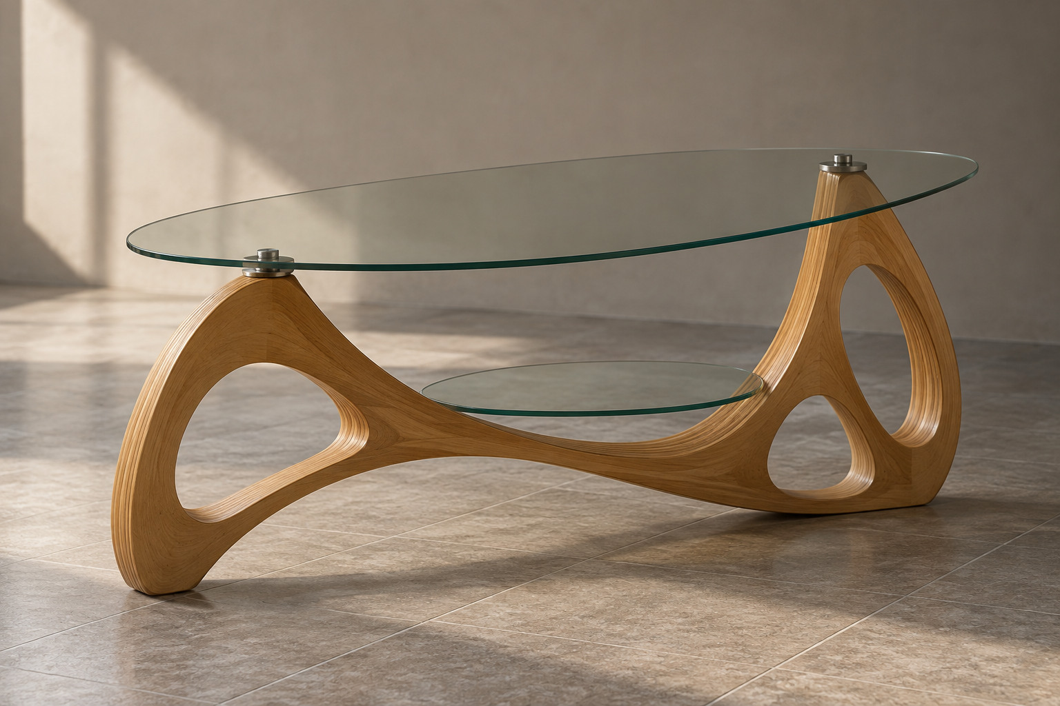 A low table has two transparent glass surfaces connected to a curving wooden body.