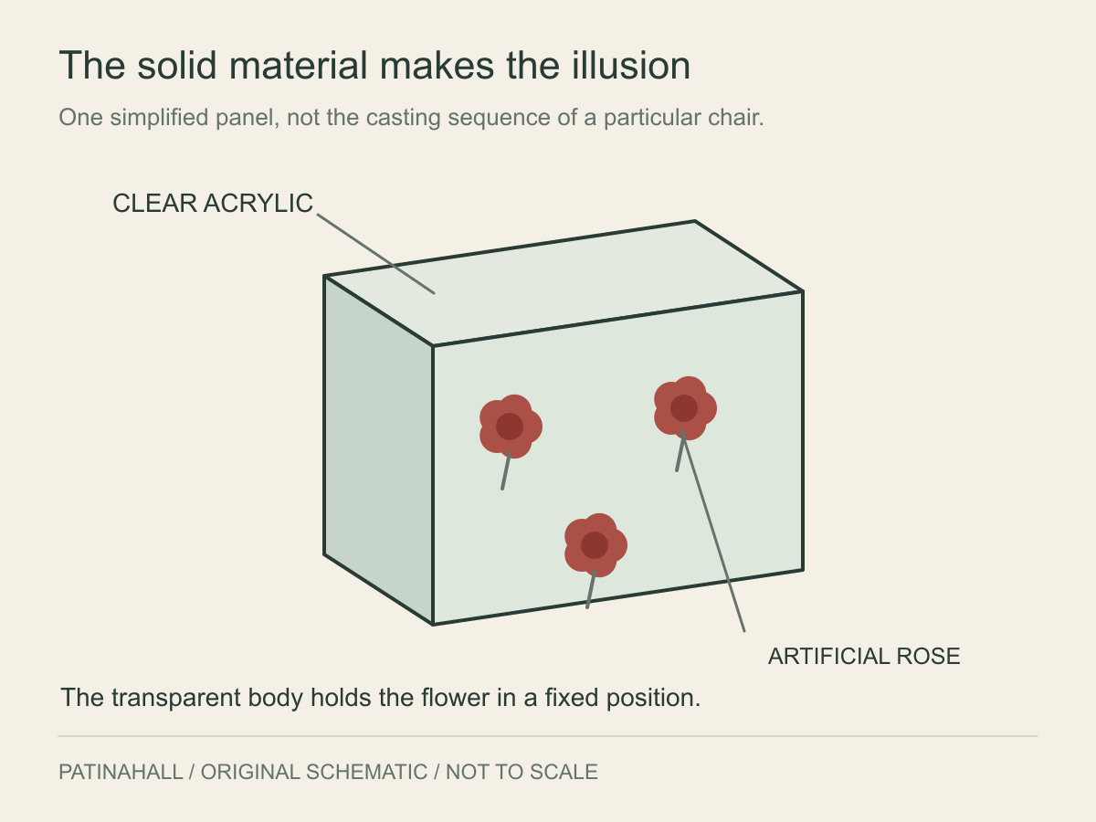 Three red flower symbols appear within a transparent slab shown with front, side and top edges.
