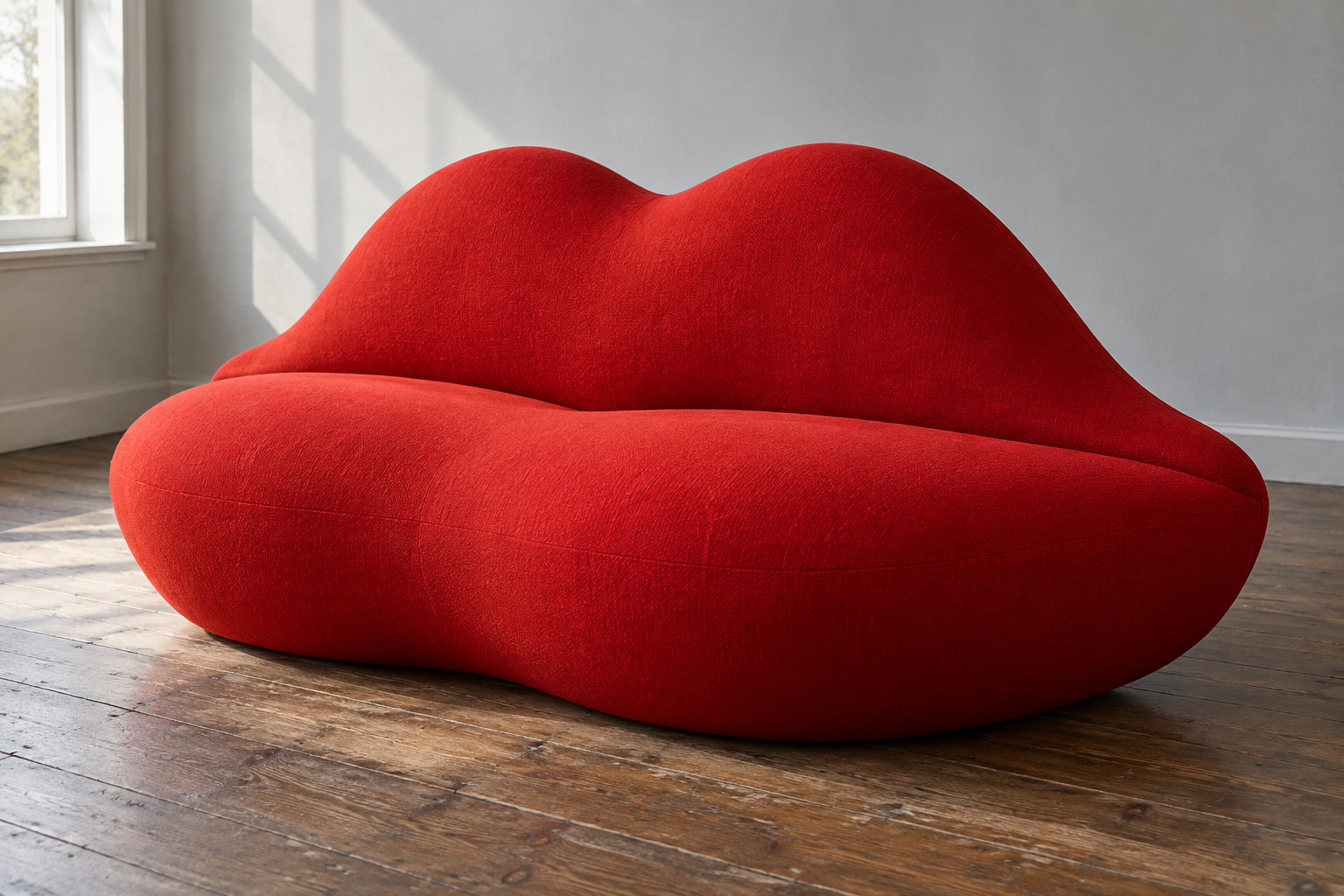 A bright red sofa has a full lower lip forming the seat and a curving upper lip forming the back.