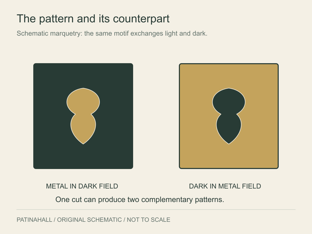 The same stylised motif appears as a gold shape in a dark panel and a dark shape in a gold panel.