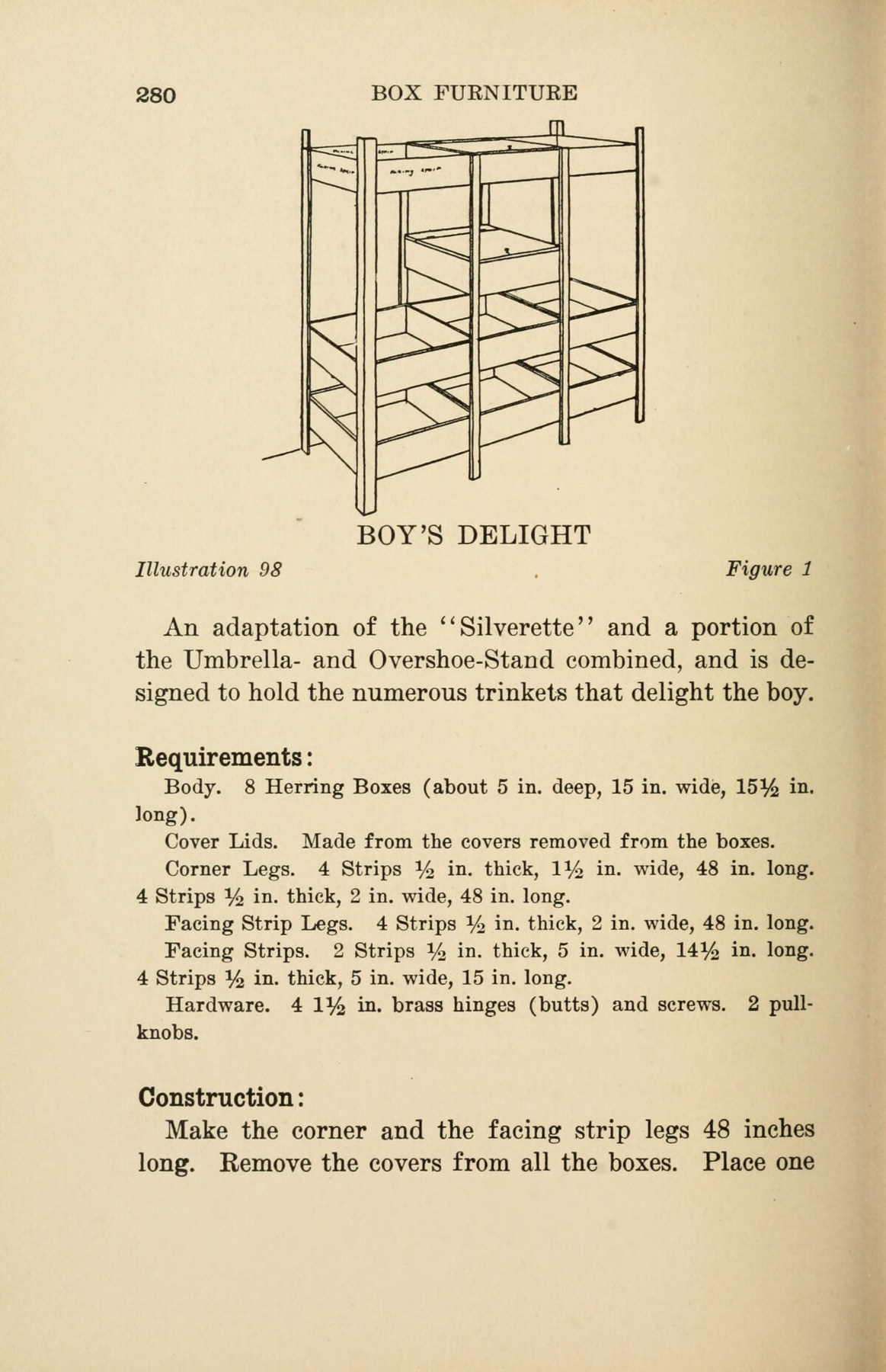 A scanned page from Box Furniture introduces Boy’s Delight, a cabinet design using eight herring boxes, with the original drawing and book typography.