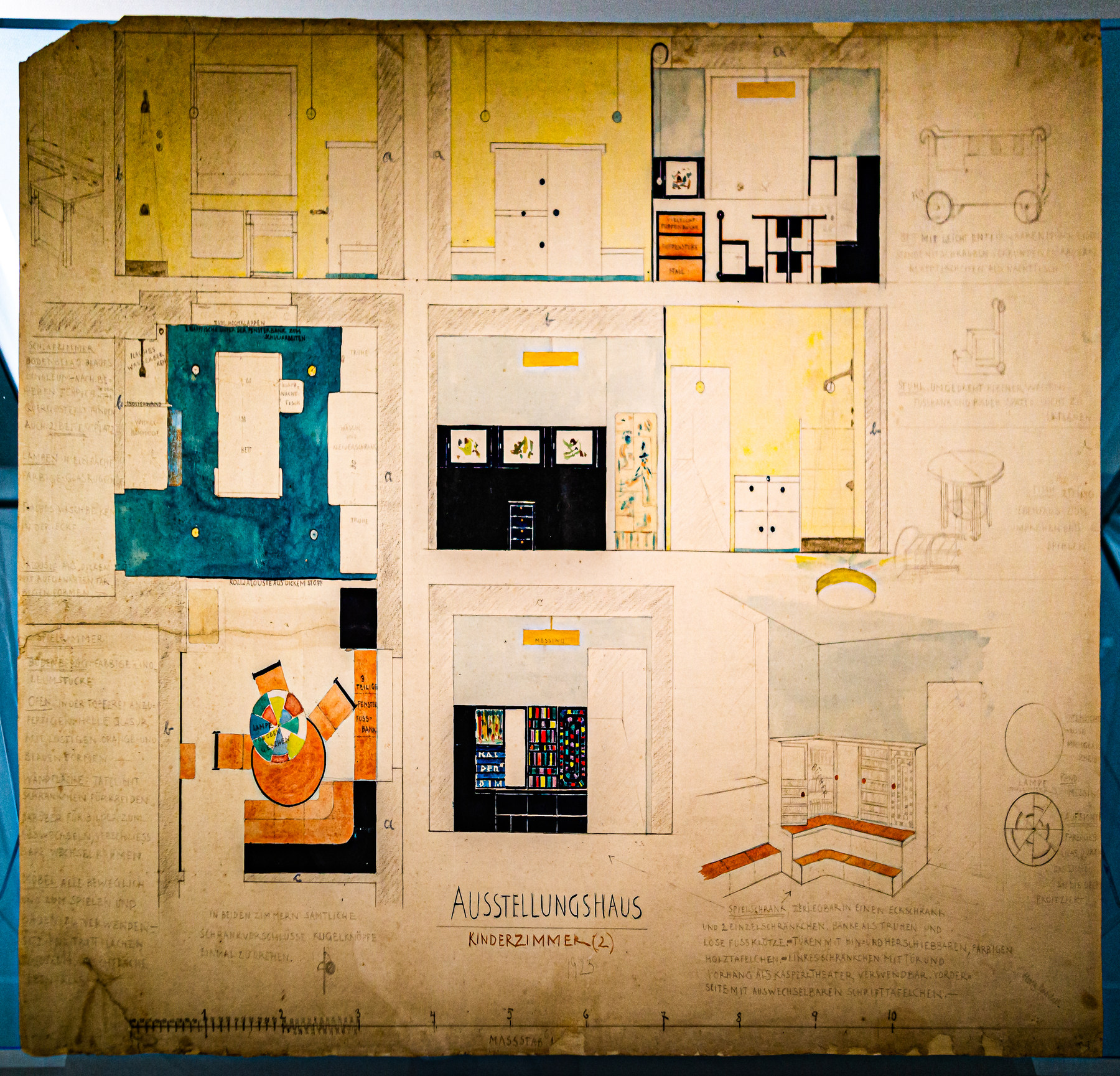 A 1923 design sheet combines children’s-room plans and coloured wall elevations with studies of furniture and play arrangements.